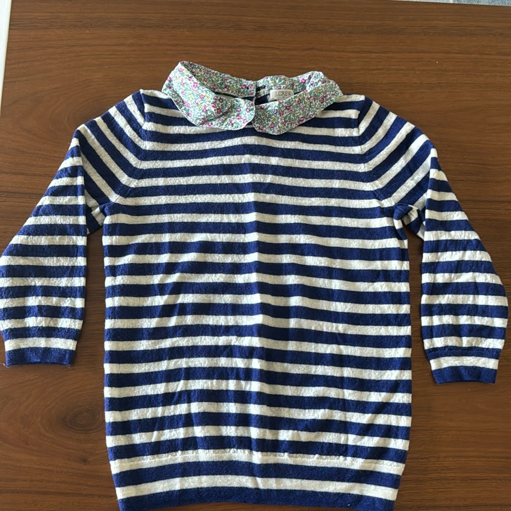 Navy striped floral collar sweater J Crew Small (feels like XS or XXS)